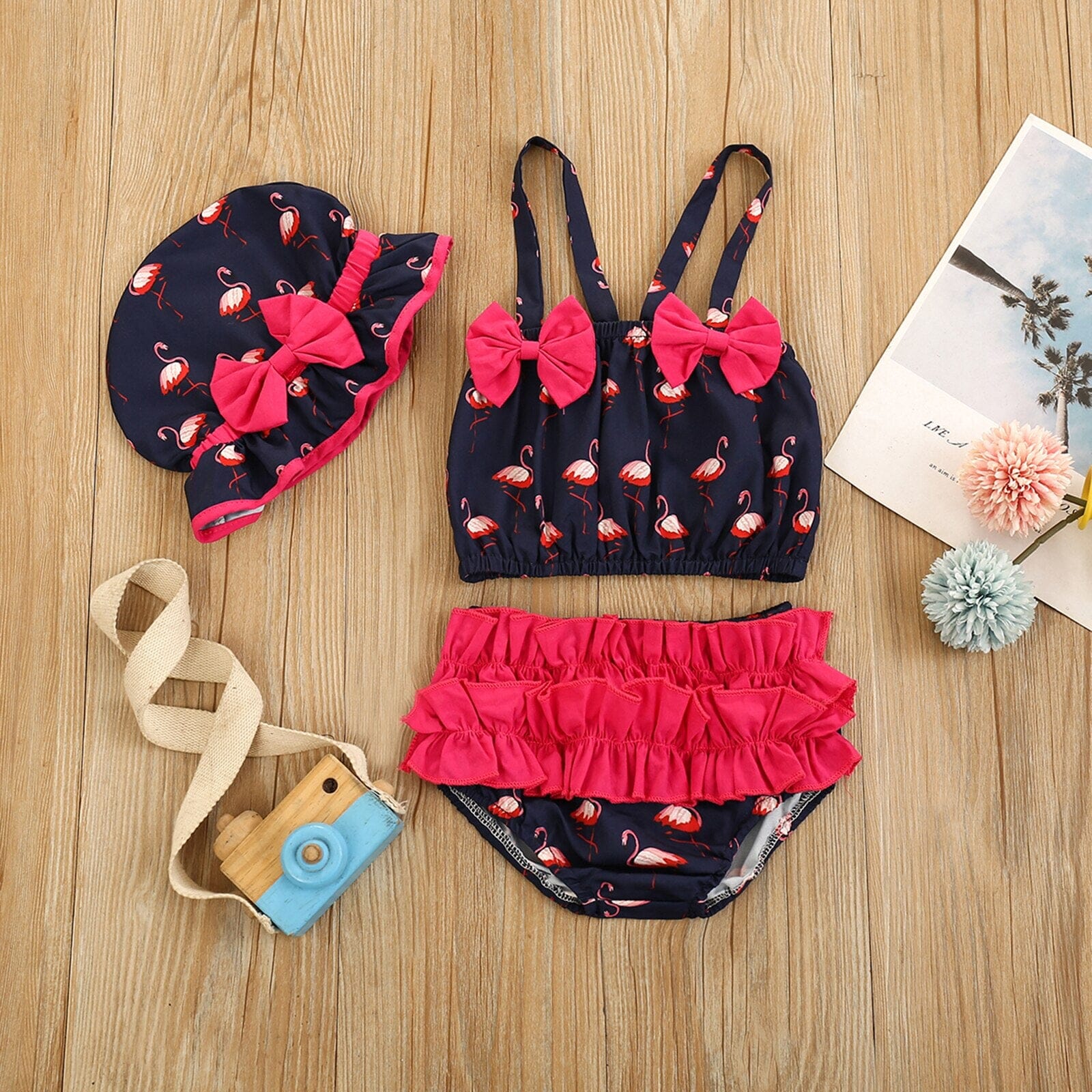 Biquíni Infantil Flamingo + Chapéu